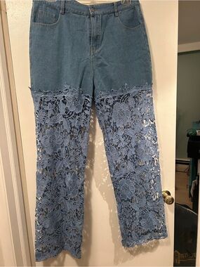 Blue Lace-Panel Wide Leg Jeans for Women